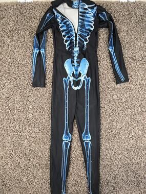 Alexandra Girls Kids Sz 10 Long Sleeve Dance Costume Blue Skeleton Rhinestones